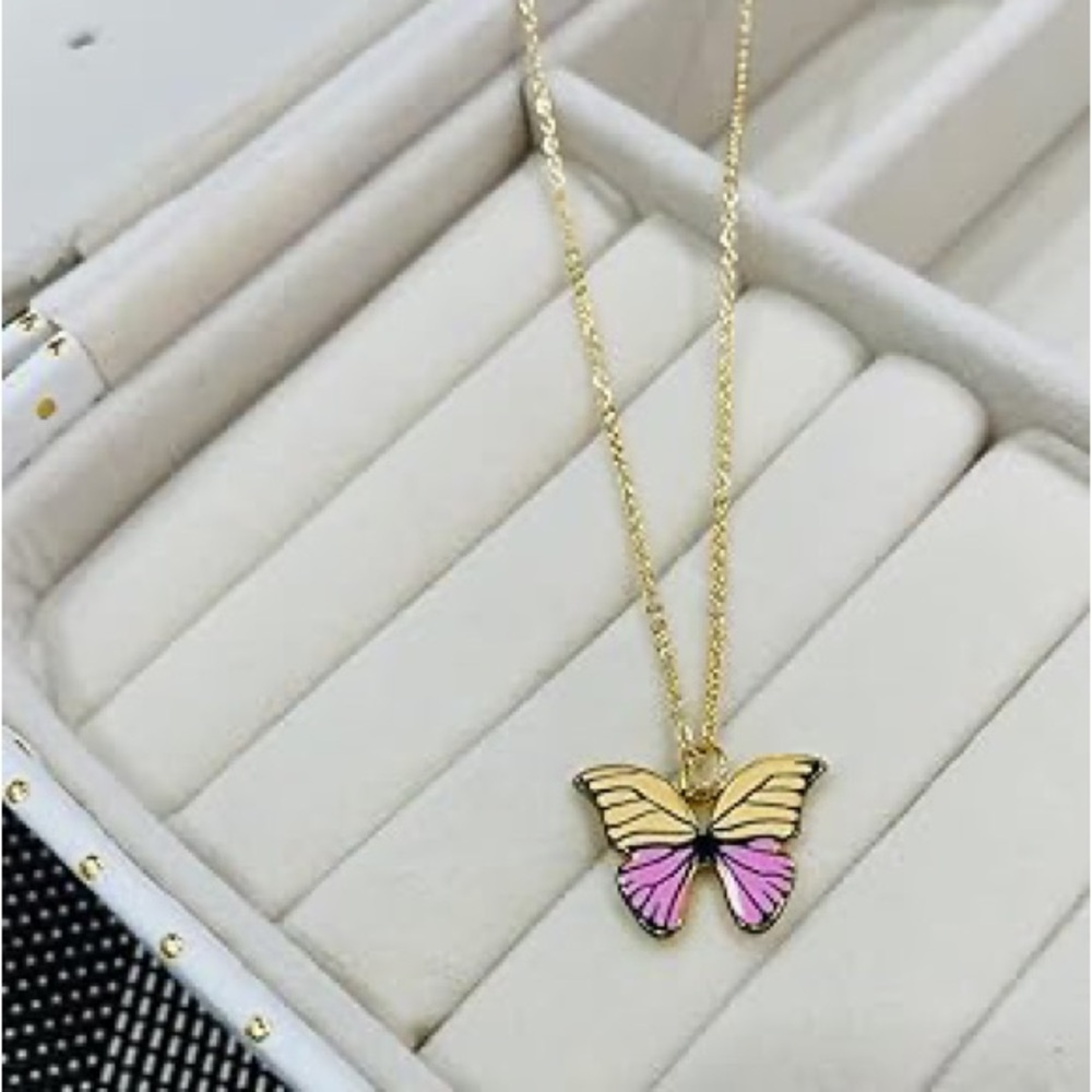 Yellow Pink Black Butterfly Make A Wish Pendant Charm Necklace